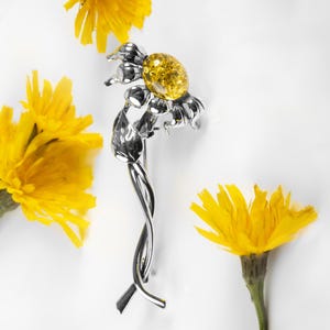 Sterling Silver Sunflower Brooch: Yellow Amber Floral Pin, Handmade