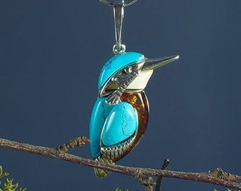 Turquoise Kingfisher Necklace in Sterling Silver, Bird Necklace, Boho Necklace, Bird Lover Gift, Nature Lover Gift