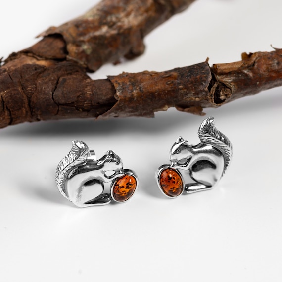 Orecchini a bottone a forma di scoiattolo in argento sterling, carini