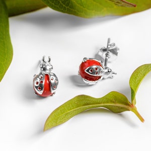 Ladybird Ladybug Sterling Silver and Coral Earrings, Tiny Insect Studs, Minimal Earrings