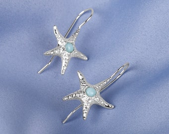 Starfish Earrings in Sterling Silver and Larimar, Starfish Jewelry, Nautical Gift for Her, Sea Life Jewelry, Summer Holiday Beach Earrings