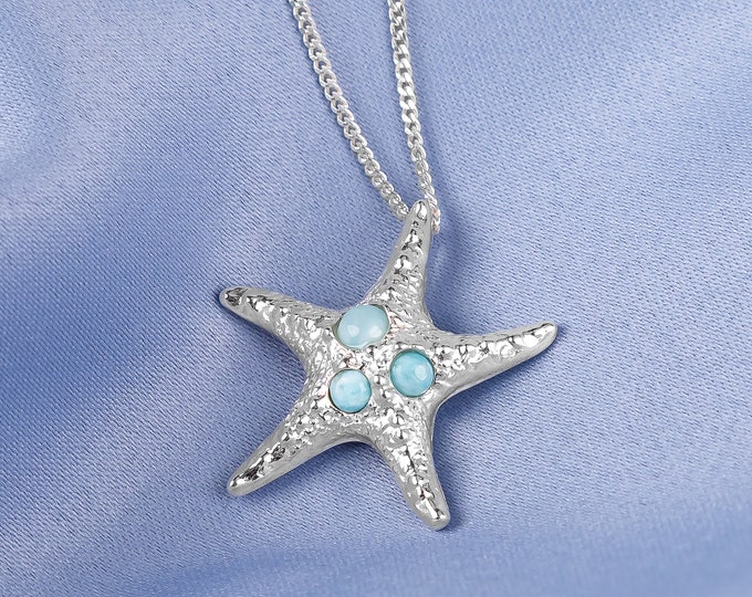 Sterling Silver Starfish Necklace in Larimar, Starfish Jewelry, Beach Summer Holiday Jewelry, Nautical Gift for Her, Sea Life Jewelry