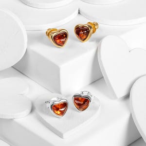 Baltic Amber Heart Studs: 24ct Gold Plated Sterling Silver Earrings
