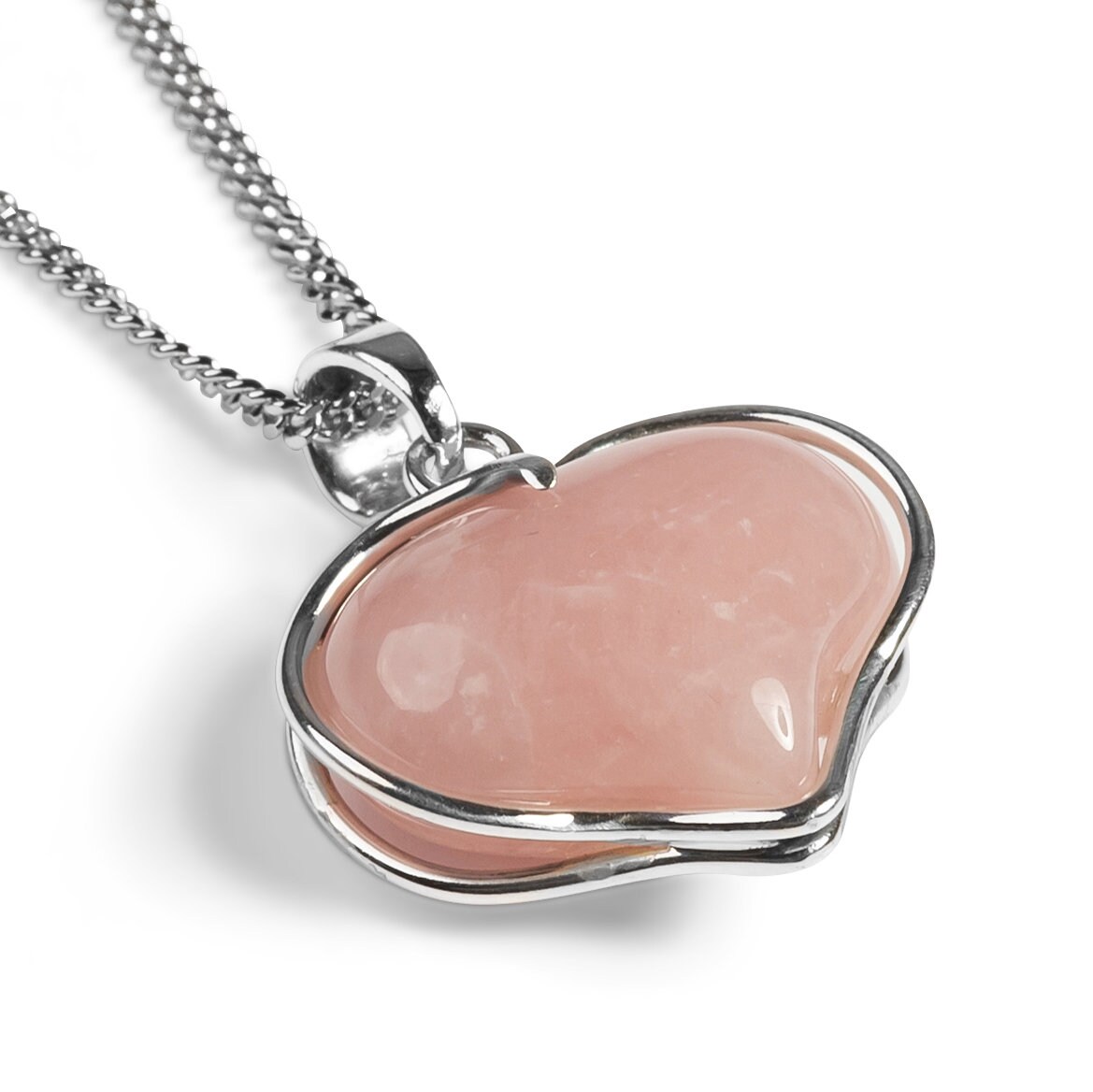 Rose Quartz Silver Heart Necklace, Crystal Necklace, Heart