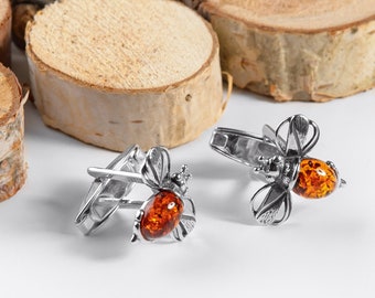 Silver Bee Cufflinks: Baltic Amber Bumble Bee Jewelry
