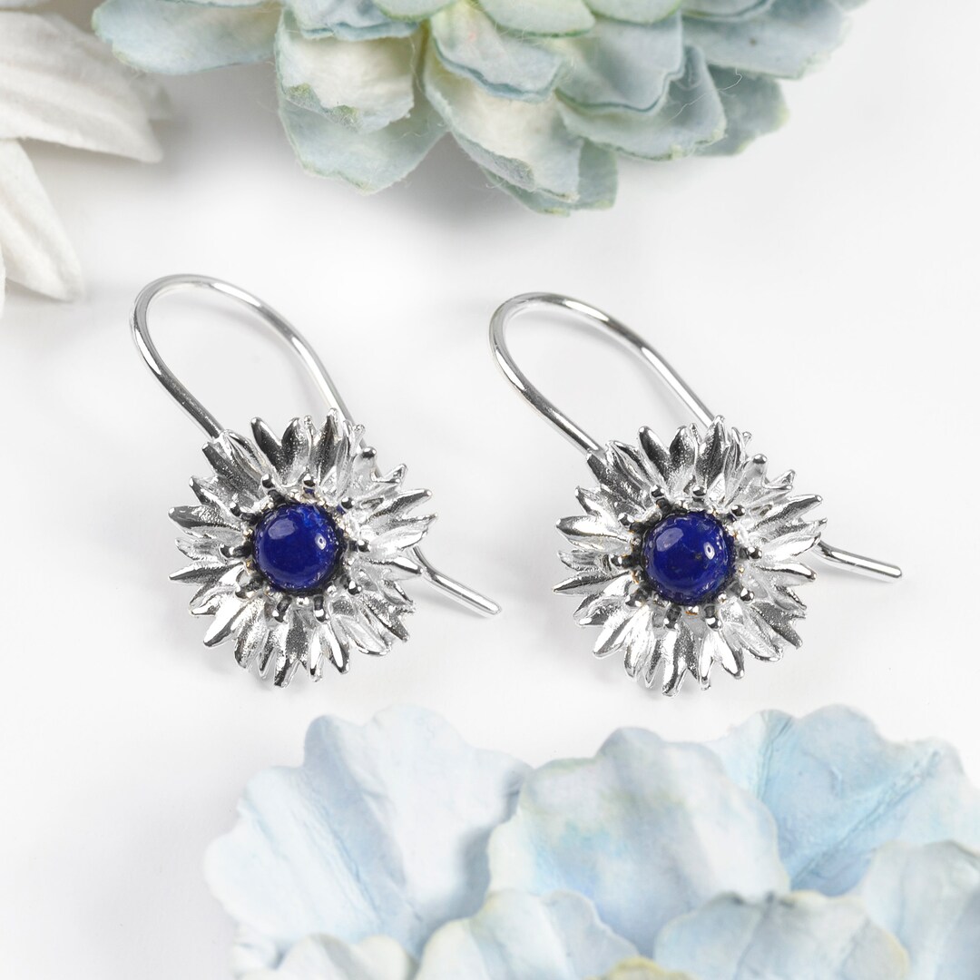 Lapis Lazuli Cornflower Stud Earrings in Silver, Flower | FindTheDeal