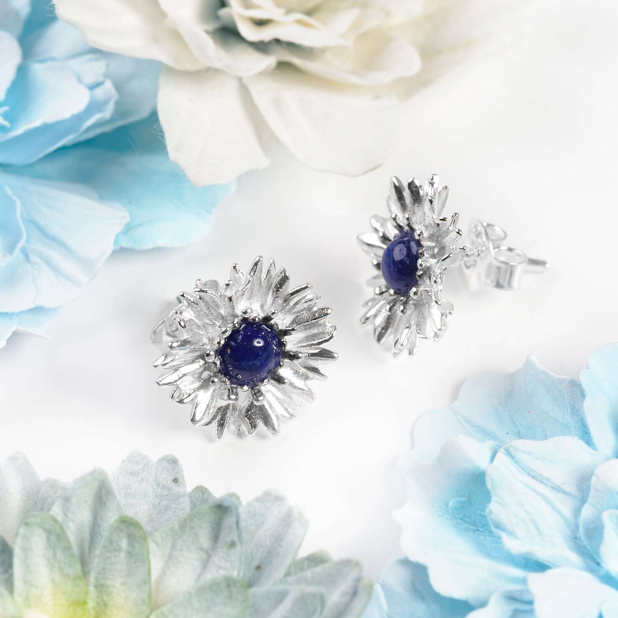 Lapis Lazuli Cornflower Stud Earrings: Sterling Silver Floral Jewelry