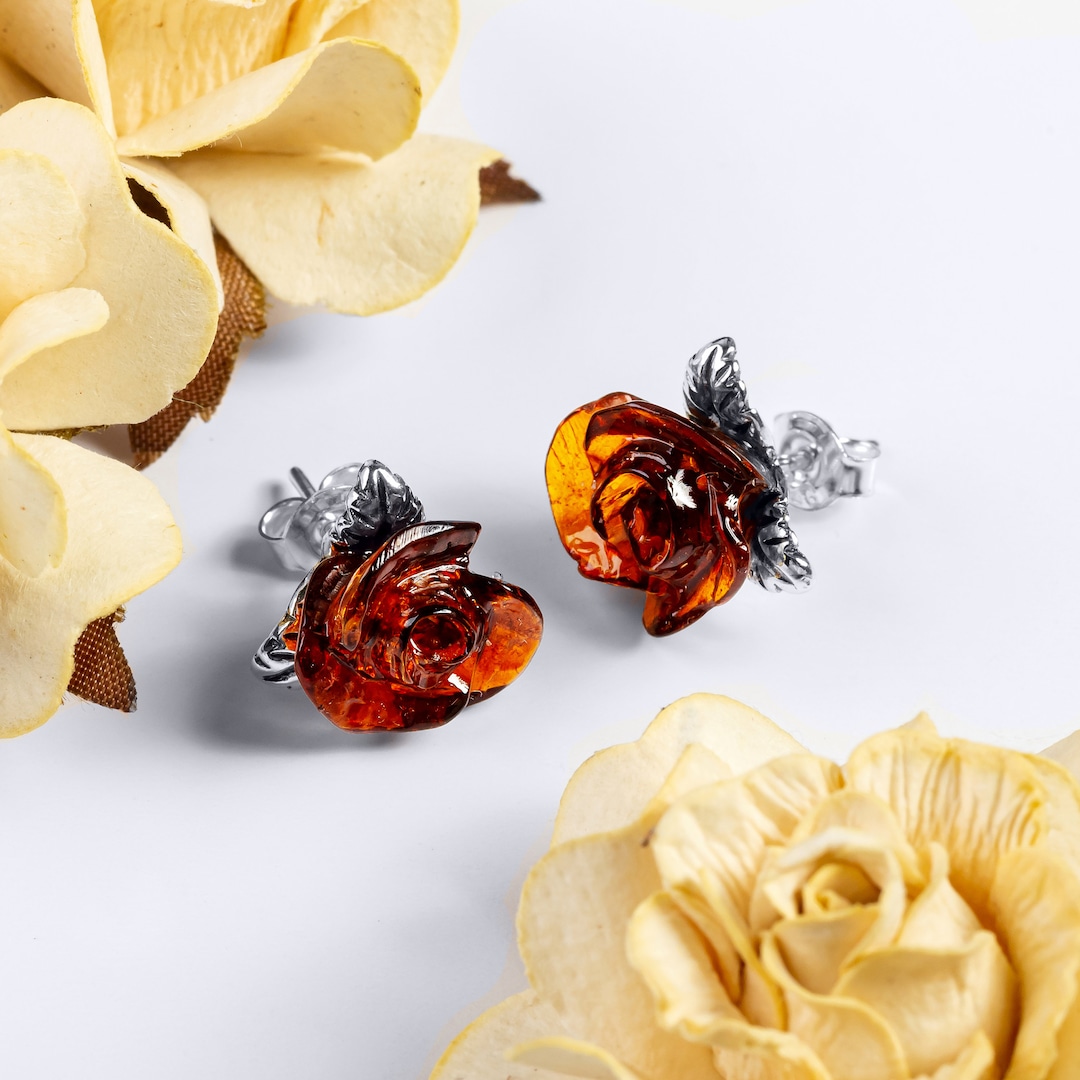 Sterling Silver Rose Earrings: Baltic Amber Flower Studs - Etsy