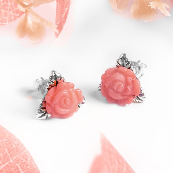 Natural Pink Coral Rose Stud Earrings in Sterling Silver English