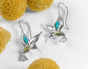 Sterling Silver Hummingbird Hook Earrings in Turquoise and Amber, Humming Bird Earrings, Statement Earrings, Southwest Style, Boho Earrings