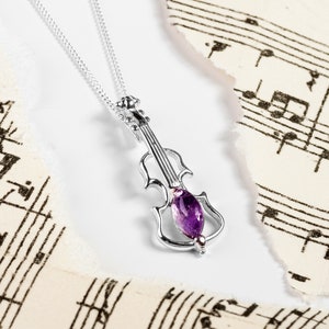 Sterling Silver Violin Necklace in Amethyst, Music Necklace, Music Gift, Music Teacher Gift, Violin Gift, Boho Jewelry