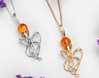 Octopus Necklace in 925 Sterling Silver and Ambre, Octopus Pendant, Women&#39;s Jewelry, Nautical Gift for Ladies, Sea Squid Nautical Jewelry
