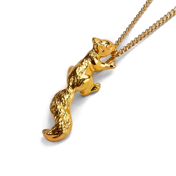 Eichhörnchen-Halskette aus massivem 925er Sterlingsilber und 24 Karat Vergoldung, Tierschmuck, Eichhörnchen-Halskette, Boho-Schmuck, Geschenke