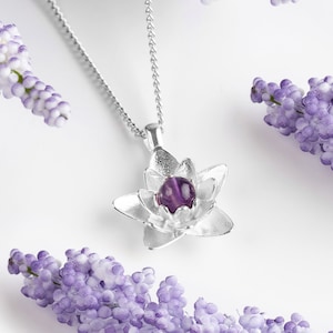 Silver and Amethyst Lotus Necklace, Silver Lotus Flower Jewelry, Lotus Pendant, Flower Necklace, Boho Jewelry, Yoga Jewelry, Gift for Her