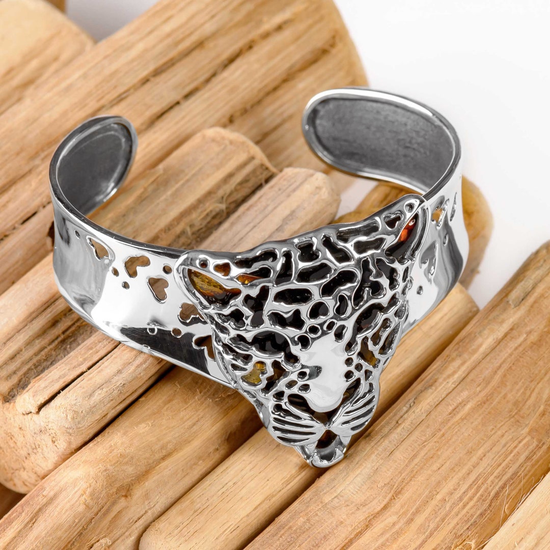 Sterling Silver Leopard Bangle: Amber Gemstone Animal Print Bracelet ...