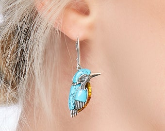 Turquoise and Amber Kingfisher Earrings, Sterling Silver Jewelry, Southwest Style, Native American Theme