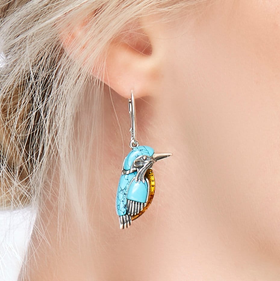 Turquoise and Amber Kingfisher Earrings Sterling Silver Jewelry Southwest Style Native American Theme Etsy Canada