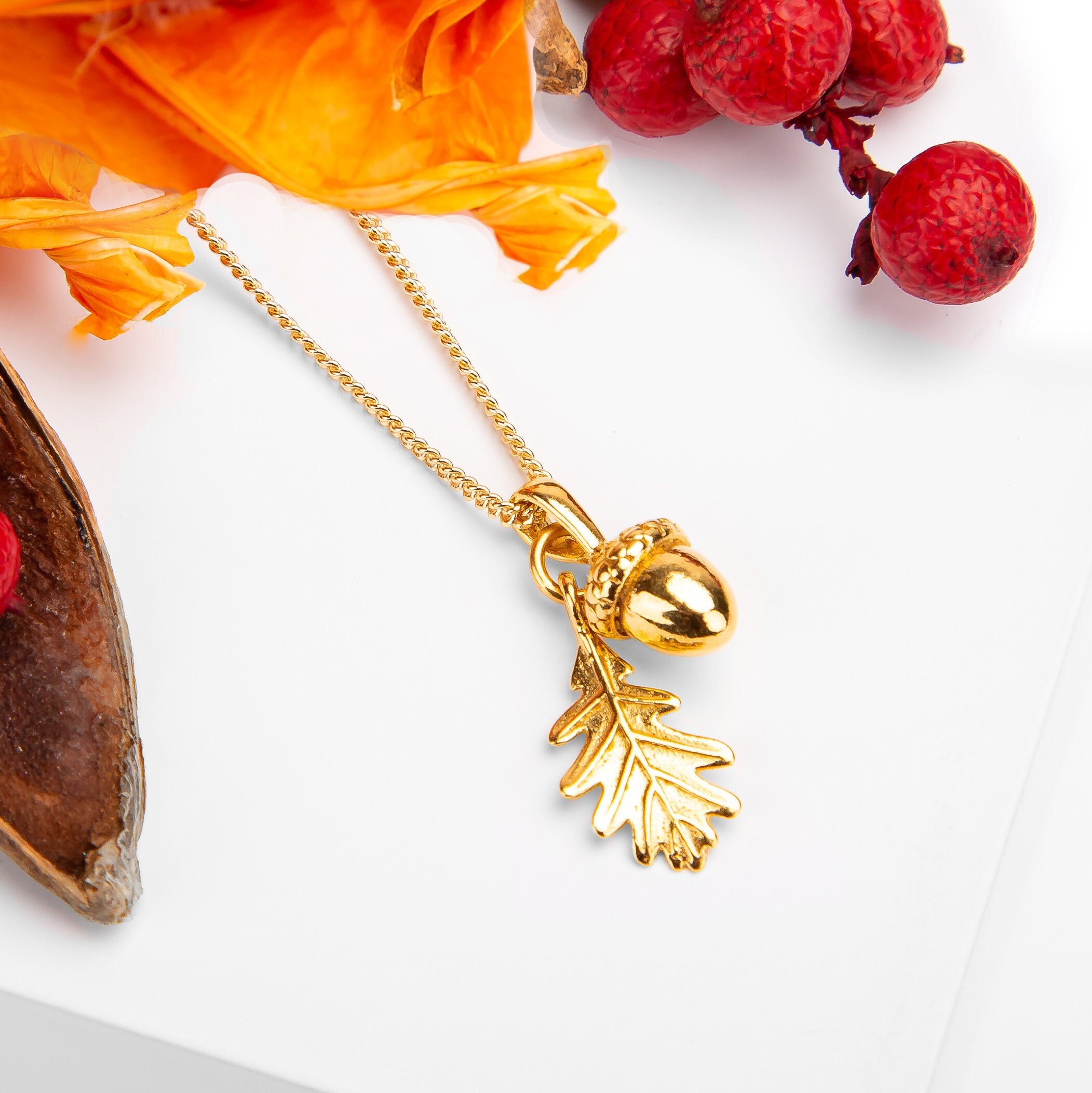 Acorn and Oak Leaf Necklace in Solid 925 Sterling Silver with 24ct Gold Plate, Woodland Jewelry, Nature Gift, Acorn Necklace, Acorn Gift