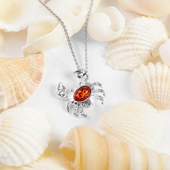 Silver Crab Necklace in Amber Crab Charm Beach Ocean Sea Life