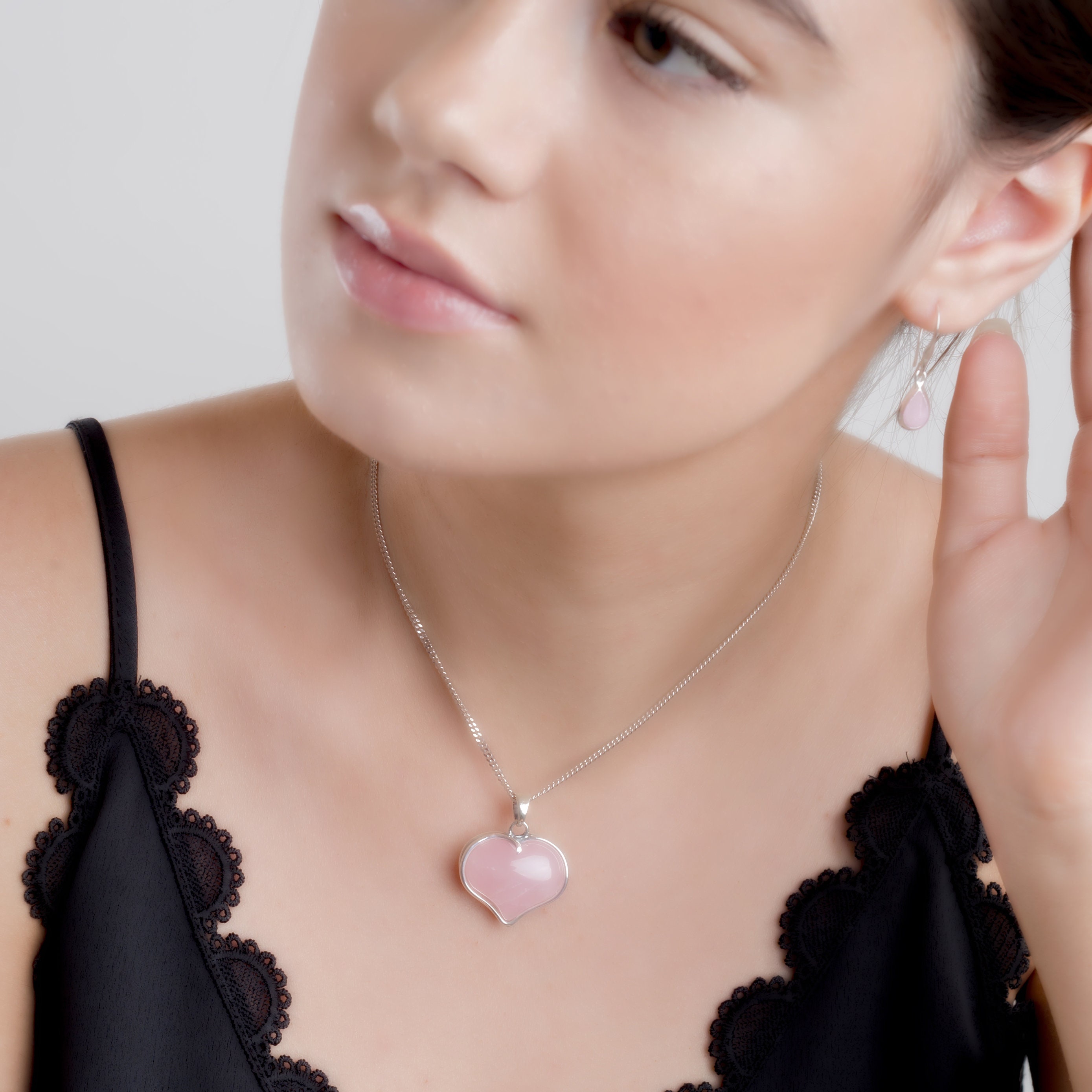 Rose Quartz Silver Heart Necklace, Crystal Necklace, Heart