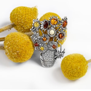 Sunflower Brooch in Silver & Amber, Silver Statement Brooch, Floral Pin, Vincent Van Gough Inspired Jewelry, Handmade Jewellery Gift