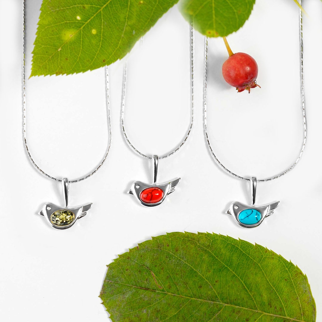スターリングシルバーの鳥ネックレス：ターコイズのアクセント、鳥好き
