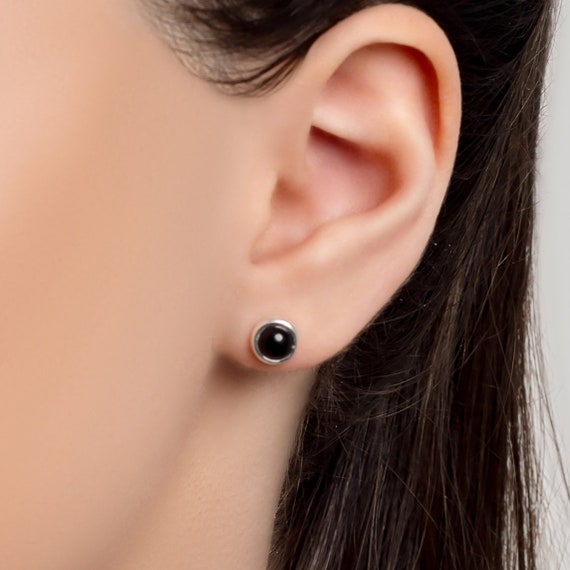 Black Onyx Stud Earrings, Sterling Silver Tiny Round Studs