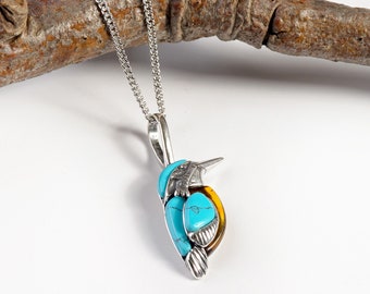 Sterling Silver Kingfisher Necklace in Turquoise, Silver Bird Necklace,  Bird Pendant, Gift for Bird Lover, Bird Lover Gift