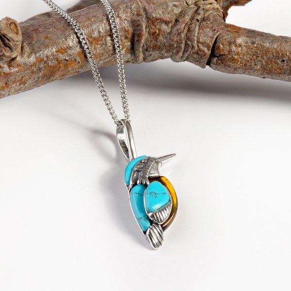 Collier martin-pêcheur en argent sterling turquoise, collier oiseau en argent, pendentif oiseau, cadeau pour amateur d'oiseaux, cadeau pour amateur d'oiseaux