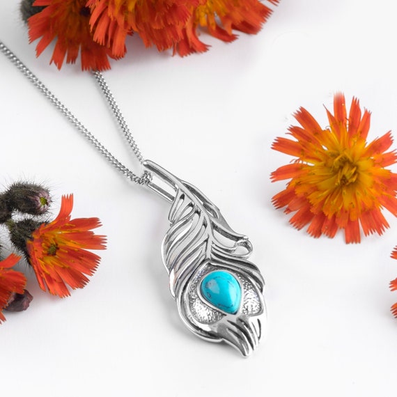 Turquoise and Solid Sterling Silver Peacock Feather Necklace