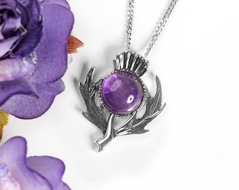 Celtic Scottish Thistle Necklace in Silver and Amethyst, Thistle Jewelry, Sterling Silver Flower Necklace, Floral Pendant Necklace