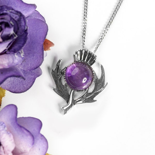 Celtic Scottish Thistle Necklace in Silver and Amethyst, Thistle Jewelry, Sterling Silver Flower Necklace, Floral Pendant Necklace