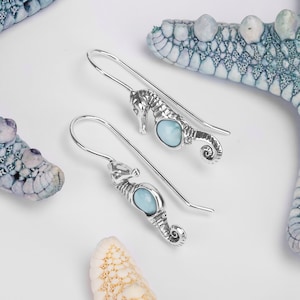 Seahorse Hook Drop Earrings in 925 Sterling Silver & Larimar, Seahorse Jewelry, Nautical Gifts for Ladies, Sealife Jewellery