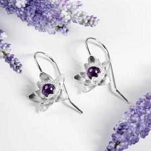 Sterling Silver Amethyst Lotus Earrings: Boho Flower Jewelry