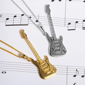Solid 925 Sterling Silver Electric Guitar Necklace, 24ct Gold Plate, Music Teachers Gifts, Rock N Roll Gifts for Men Him Her