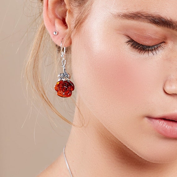Sterling Silver and Baltic Amber Rose Earrings English Rose - Etsy