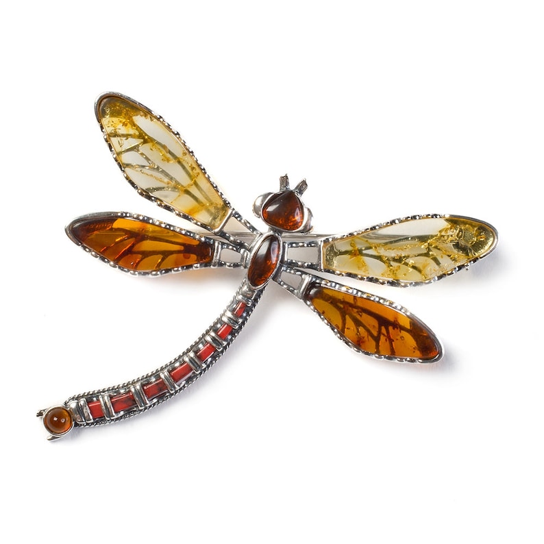 May include: A silver dragonfly brooch with amber wings. The wings are a mix of clear, yellow, and brown amber.
