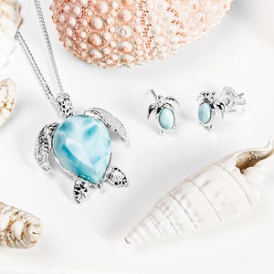 Op de afbeelding: Een zilveren schildpad ketting en oorbellen set met een blauwe en witte edelsteen hanger. De sieraden worden getoond op een wit oppervlak met schelpen.
