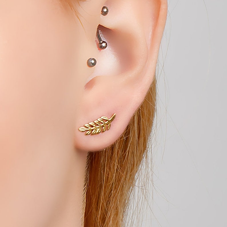 Minimal Fern Earrings in Sterling Silver and 24ct Gold Plate, Leaf Earrings, Fern Stud Earrings, Tiny Studs, Botanical Jewelry, Gold Leaf image 2