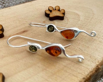 Silver Cat Earrings , Cat Jewelry, Amber and Silver Cat Drop Earrings, Cat Lady Gift, Gift For Cat Lover, Boho Earrings, Statement Earrings