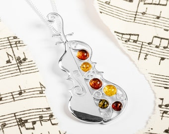 Cello Necklace in Sterling Silver and Natural Gemstone, Violin Necklace, Music Gift, Musical Gift for Music Lover, Music Teacher Gift