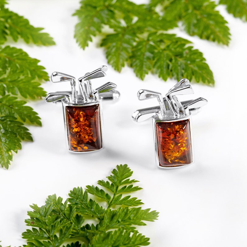 Golf Club Cufflinks in Solid 925 Sterling Silver and Baltic Amber, Golf Bag Cufflinks, Golfer Gifts, Wedding Gift For Him, Fathers Day Gifts image 1