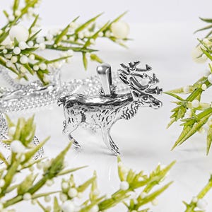 925 Solid Sterling Silver Reindeer Necklace, 3-D Moose Necklace, Stag Deer Animal Jewelry, Christmas Gifts