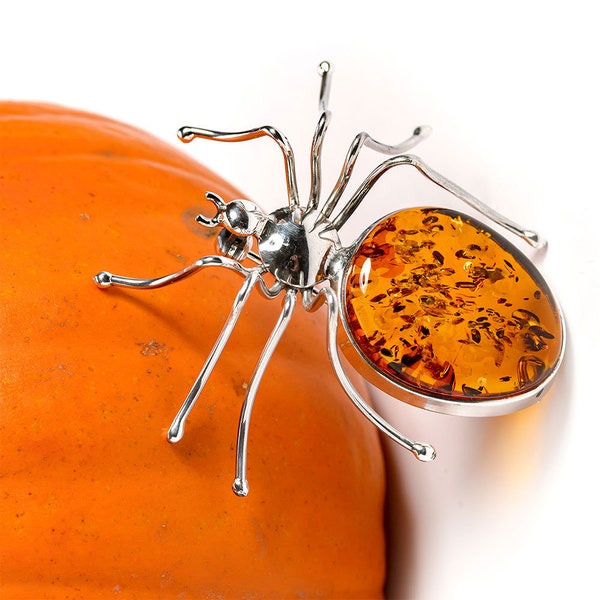 Sterling Silver Spider Brooch in Baltic Amber, Handmade Spider Brooch, Statement Brooch, Insect Brooch, Halloween Jewelry