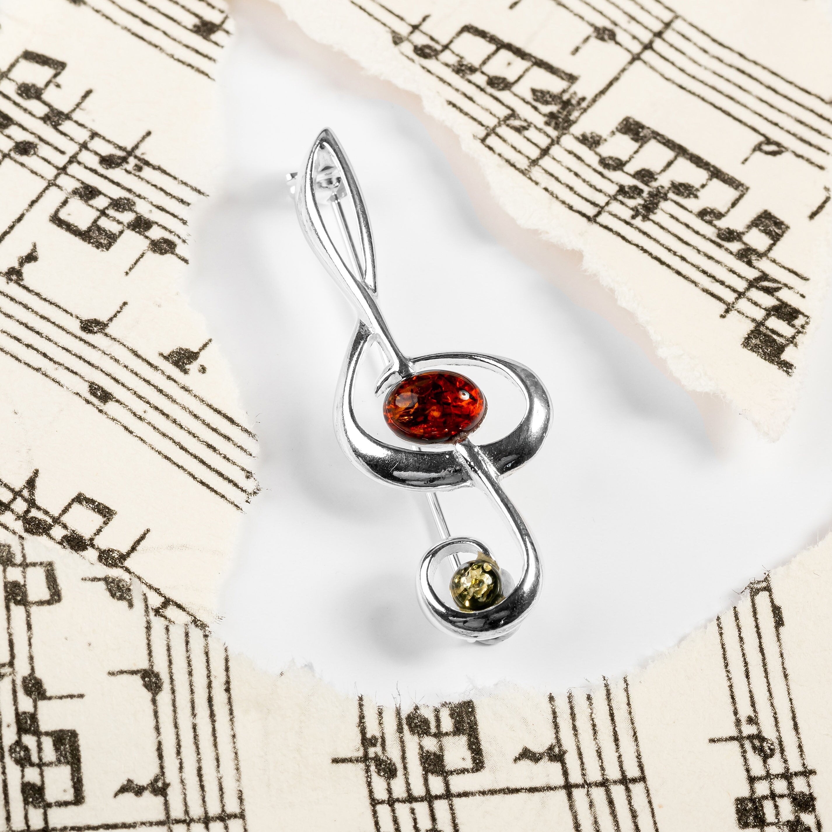 Violinschlüssel Brosche in Sterling Silber und Bernstein, Musik Anstecknadel, Statement Schmuck, Note Geschenke