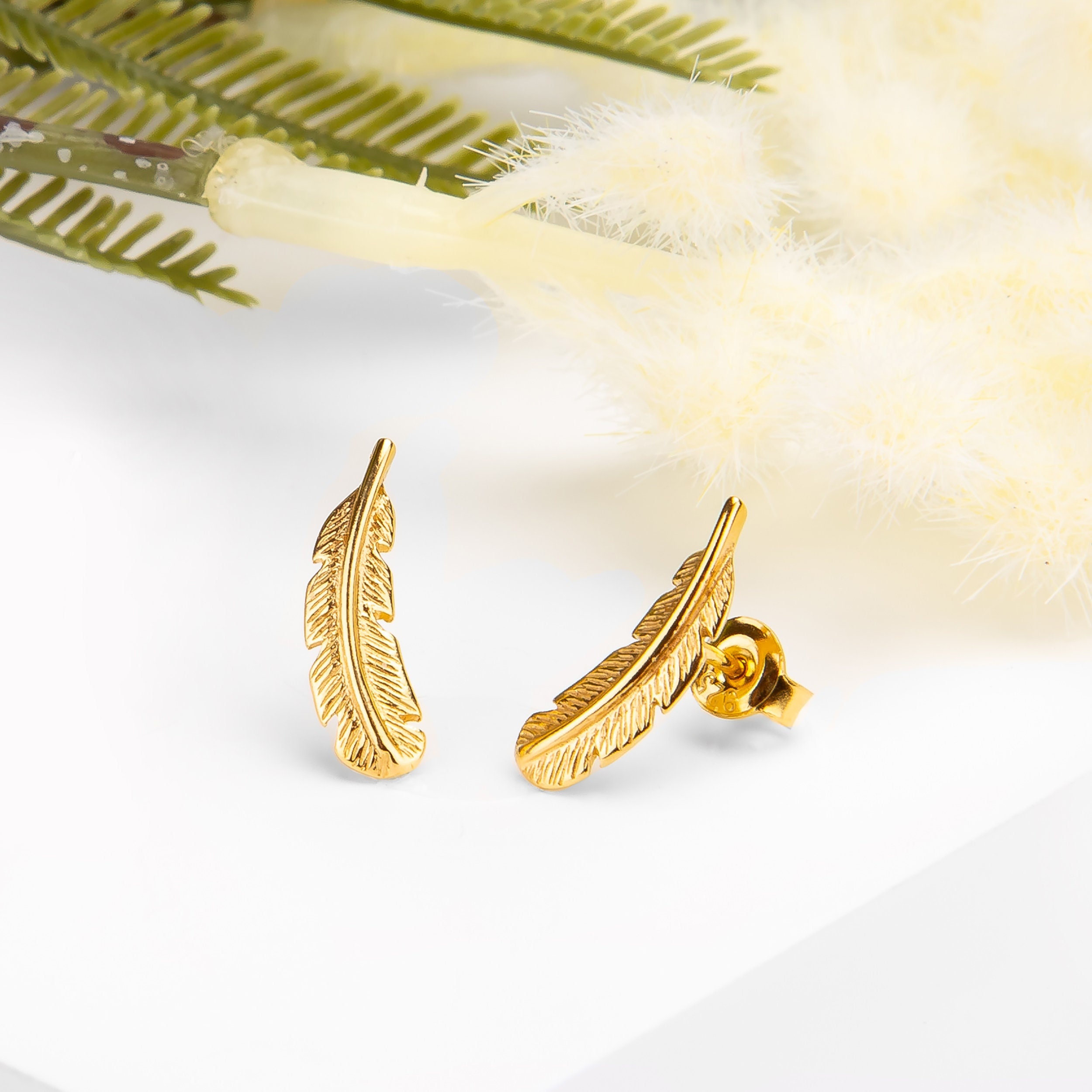 Feather Stud Earrings in Sterling Silver and 24ct Gold Plate Dainty Earrings Minimal Studs Feather Jewelry Boho Jewelry Bohemian Gifts