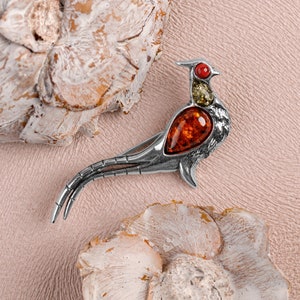 Pheasant Brooch in 925 Sterling Silver Amber, Silver Pheasant Pin, Statement Jewelry, Silver Bird Brooch, Pheasant Badge Game Shooting Gift