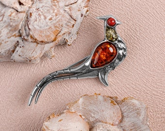 Pheasant Brooch in Sterling Silver Amber, Silver Pheasant Pin, Statement Jewelry, Silver Bird Brooch, Pheasant Badge Game Shooting Gift