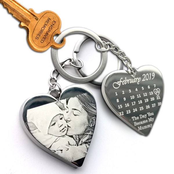 Personalised Special Date Key Ring, Mother's day Gift, Heart Shaped Photo Keychain, Anniversary Calendar Key Chain (Silver)