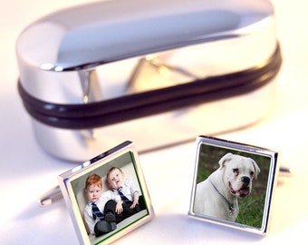 Photo Cufflinks Personalized, Father's day Gift, Dad gift, Best Man Cuff Links, Engraved Chromed Box included